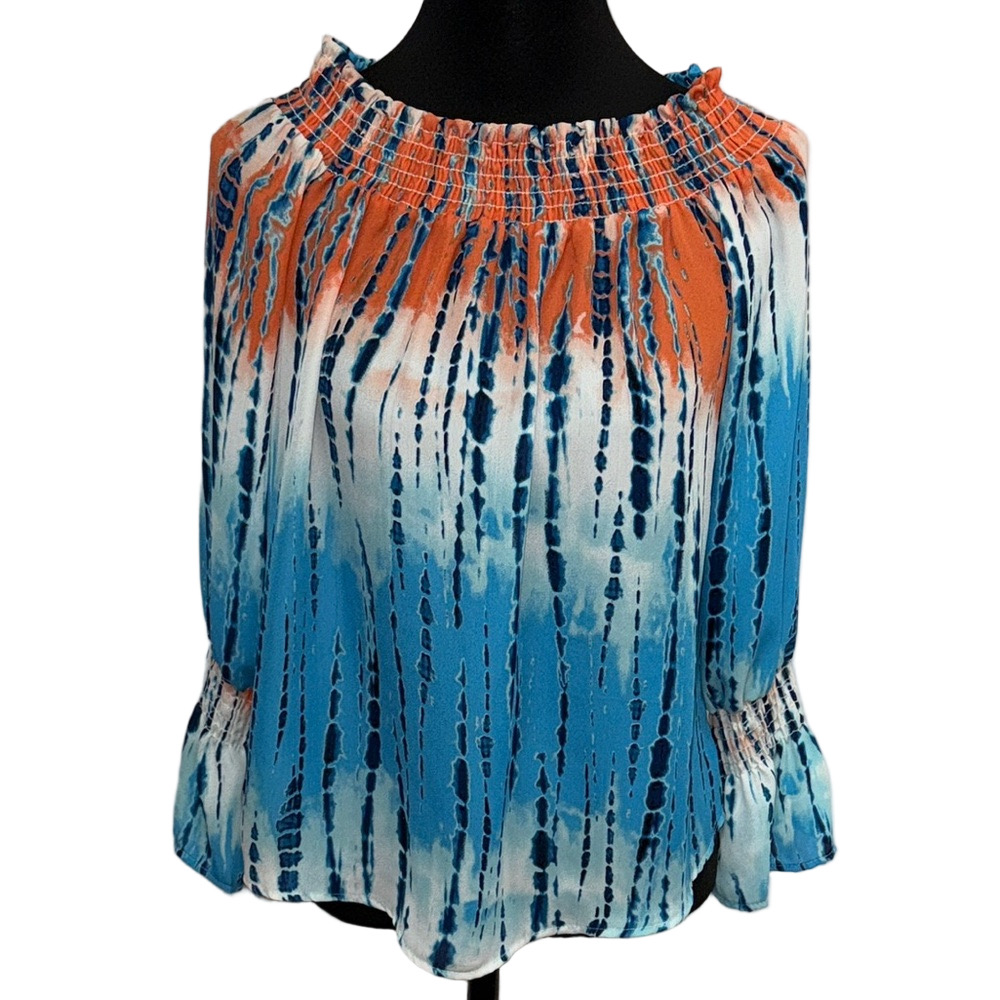 Ariella Blue Teal Orange Tie Dye Smocked Off Shoulder Boho Blouse Medium